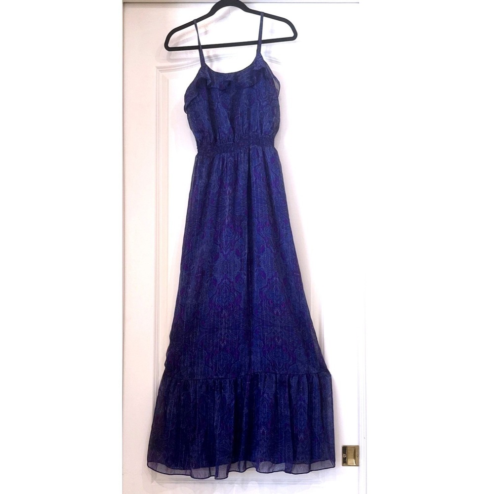 Express Purple Paisley Metallic Stripe Smocked Waist Ruffle Maxi Dress Small